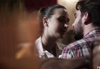 Staggering brunette Ashley Adams with big natural tits is sucking love rocket and getting fucked in return